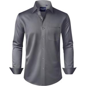 Alimens & Gentle Men’s Dress Shirts Long Sleeve Wrinkle-Free Stretch Shirts Solid Formal Button Down Shirt with Pocket(Dark Grey)