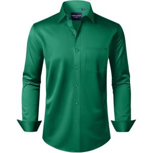 Alimens & Gentle Men’s Dress Shirts Long Sleeve Wrinkle-Free Stretch Shirts Solid Formal Button Down Shirt with Pocket(Green)