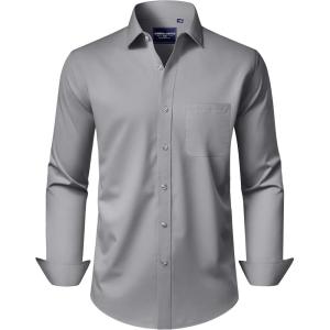 Alimens & Gentle Men’s Dress Shirts Long Sleeve Wrinkle-Free Stretch Shirts Solid Formal Button Down Shirt with Pocket(Grey)