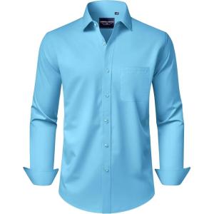 Alimens & Gentle Men’s Dress Shirts Long Sleeve Wrinkle-Free Stretch Shirts Solid Formal Button Down Shirt with Pocket(Lake Blue)