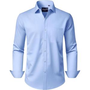 Alimens & Gentle Men’s Dress Shirts Long Sleeve Wrinkle-Free Stretch Shirts Solid Formal Button Down Shirt with Pocket(Light /Blue)