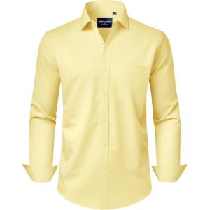 Alimens & Gentle Men’s Dress Shirts Long Sleeve Wrinkle-Free Stretch Shirts Solid Formal Button Down Shirt with Pocket(Milk Yellow)