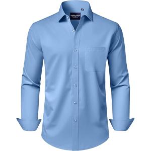 Alimens & Gentle Men’s Dress Shirts Long Sleeve Wrinkle-Free Stretch Shirts Solid Formal Button Down Shirt with Pocket(Misty /Blue)