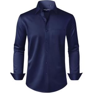 Alimens & Gentle Men’s Dress Shirts Long Sleeve Wrinkle-Free Stretch Shirts Solid Formal Button Down Shirt with Pocket(Navy Blue)