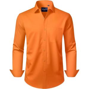 Alimens & Gentle Men’s Dress Shirts Long Sleeve Wrinkle-Free Stretch Shirts Solid Formal Button Down Shirt with Pocket(Orange)