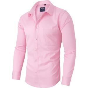 Alimens & Gentle Men’s Dress Shirts Long Sleeve Wrinkle-Free Stretch Shirts Solid Formal Button Down Shirt with Pocket(Pink)