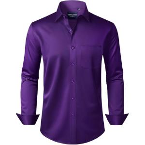 Alimens & Gentle Men’s Dress Shirts Long Sleeve Wrinkle-Free Stretch Shirts Solid Formal Button Down Shirt with Pocket(Purple)