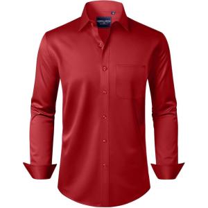 Alimens & Gentle Men’s Dress Shirts Long Sleeve Wrinkle-Free Stretch Shirts Solid Formal Button Down Shirt with Pocket(Red)
