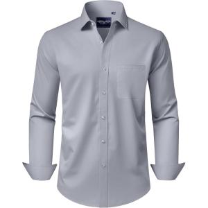 Alimens & Gentle Men’s Dress Shirts Long Sleeve Wrinkle-Free Stretch Shirts Solid Formal Button Down Shirt with Pocket(Silver)