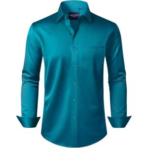 Alimens & Gentle Men’s Dress Shirts Long Sleeve Wrinkle-Free Stretch Shirts Solid Formal Button Down Shirt with Pocket(Teal)