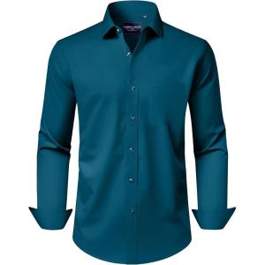 Alimens & Gentle Men’s Dress Shirts Long Sleeve Wrinkle-Free Stretch Shirts Solid Formal Button Down Shirt with Pocket(Turquoise)