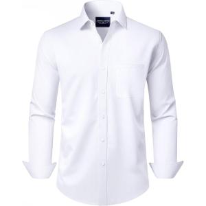Alimens & Gentle Men’s Dress Shirts Long Sleeve Wrinkle-Free Stretch Shirts Solid Formal Button Down Shirt with Pocket(White)