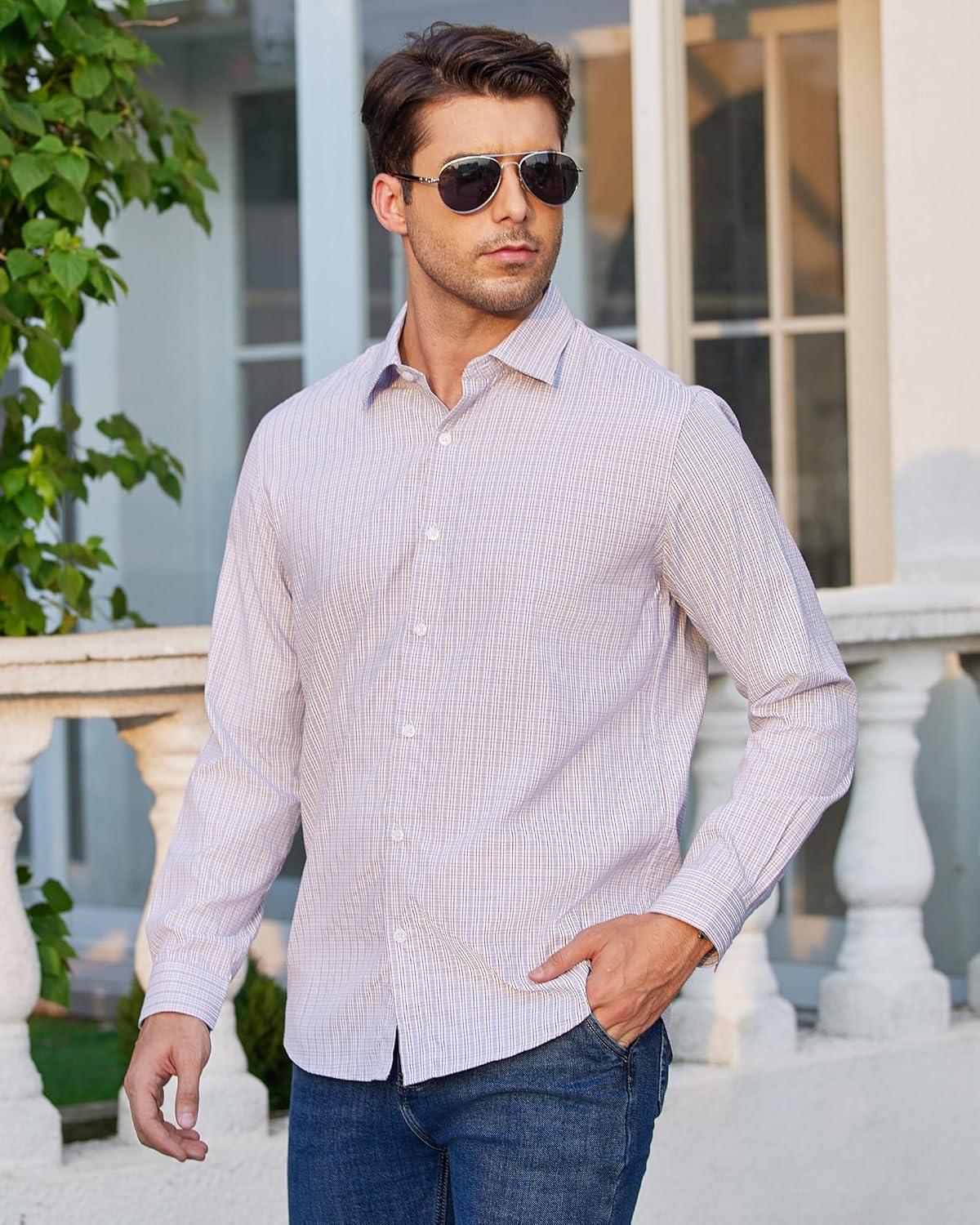 imageAlimens amp Gentle Mens Plaid Button Down Shirt Long Sleeve Dress Shirt Regular Fit Business Casual Gingham ShirtsBlueRed Gingham