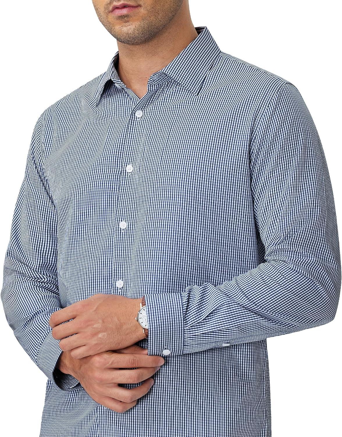 imageAlimens amp Gentle Mens Plaid Button Down Shirt Long Sleeve Dress Shirt Regular Fit Business Casual Gingham ShirtsNavy BlueWhite Check