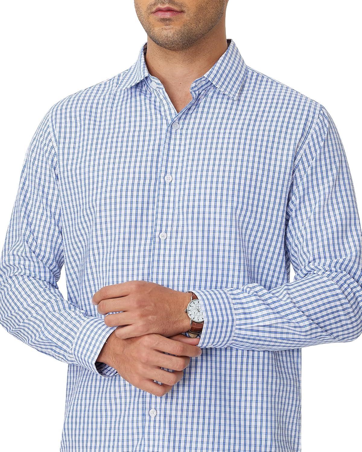 imageAlimens amp Gentle Mens Plaid Button Down Shirt Long Sleeve Dress Shirt Regular Fit Business Casual Gingham ShirtsSky Blue White Check