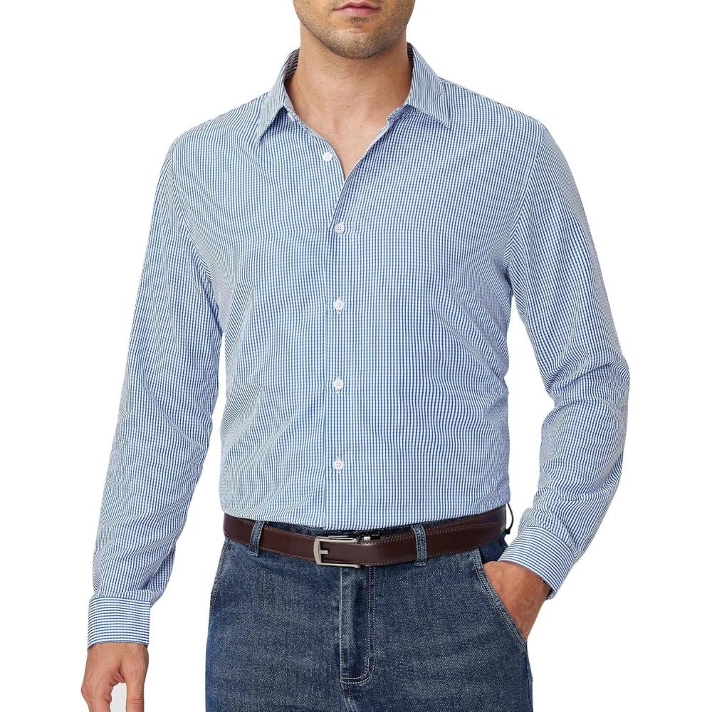 imageAlimens amp Gentle Mens Plaid Button Down Shirt Long Sleeve Dress Shirt Regular Fit Business Casual Gingham ShirtsDark Blue Gingham