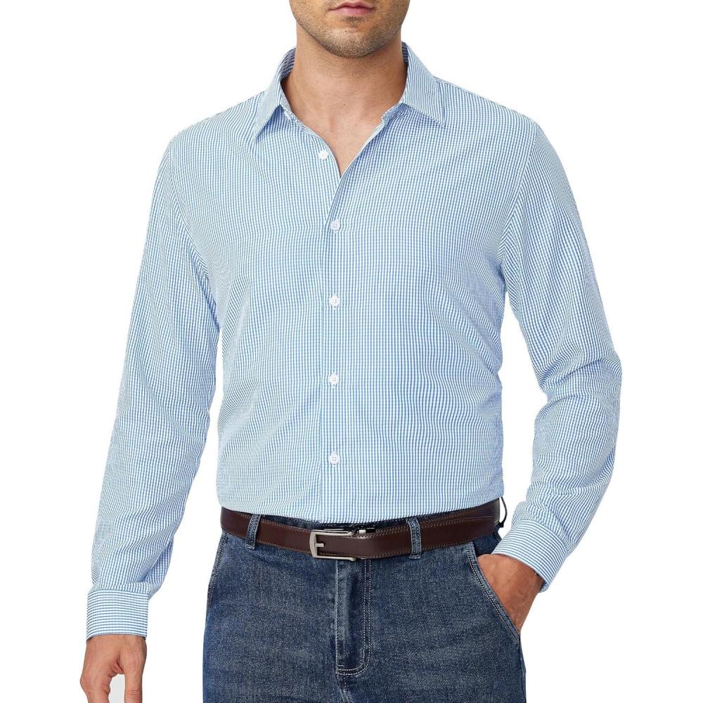 imageAlimens amp Gentle Mens Plaid Button Down Shirt Long Sleeve Dress Shirt Regular Fit Business Casual Gingham ShirtsDark Blue White Check