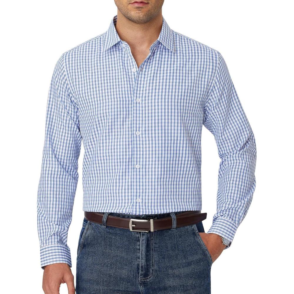 imageAlimens amp Gentle Mens Plaid Button Down Shirt Long Sleeve Dress Shirt Regular Fit Business Casual Gingham ShirtsSky Blue White Check
