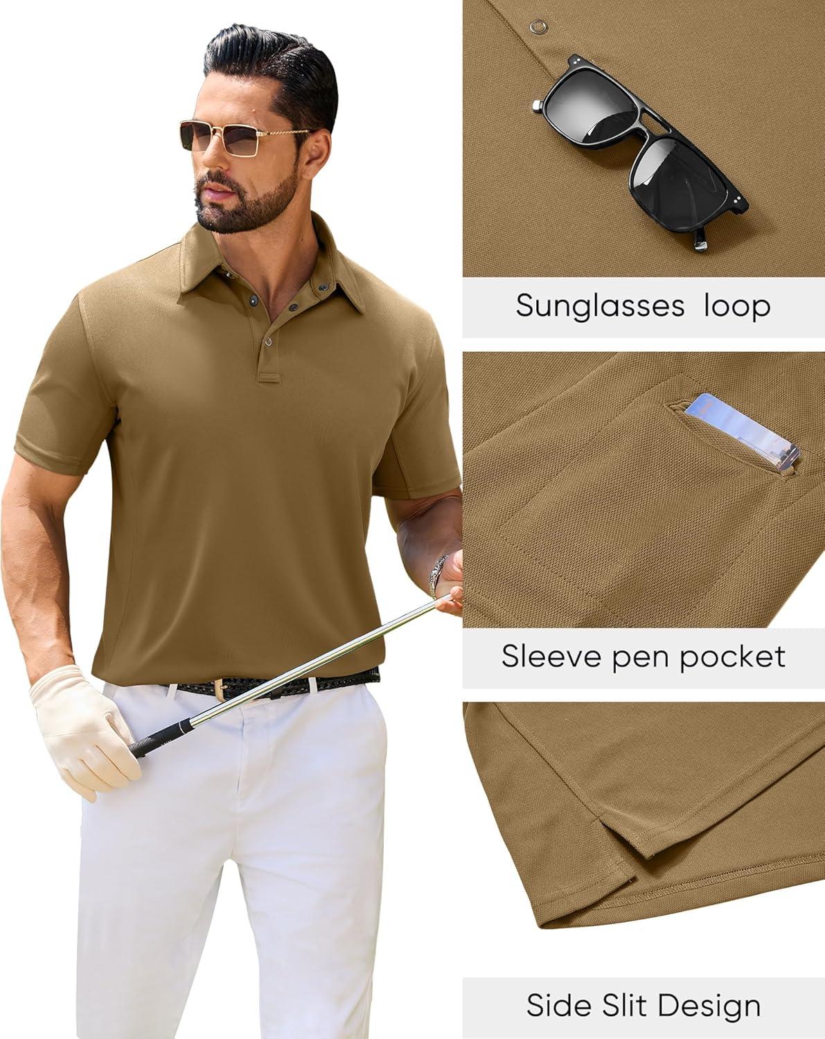 imageAlimens amp Gentle Mens Polo Shirt Short Sleeve Tactical Dry Fit Golf Shirts Stretch Work Collared Tops Outdoor Sport TennisBrown