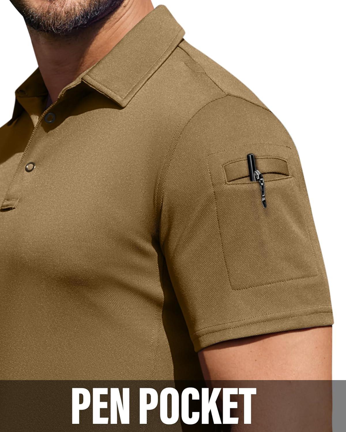 imageAlimens amp Gentle Mens Polo Shirt Short Sleeve Tactical Dry Fit Golf Shirts Stretch Work Collared Tops Outdoor Sport TennisBrown