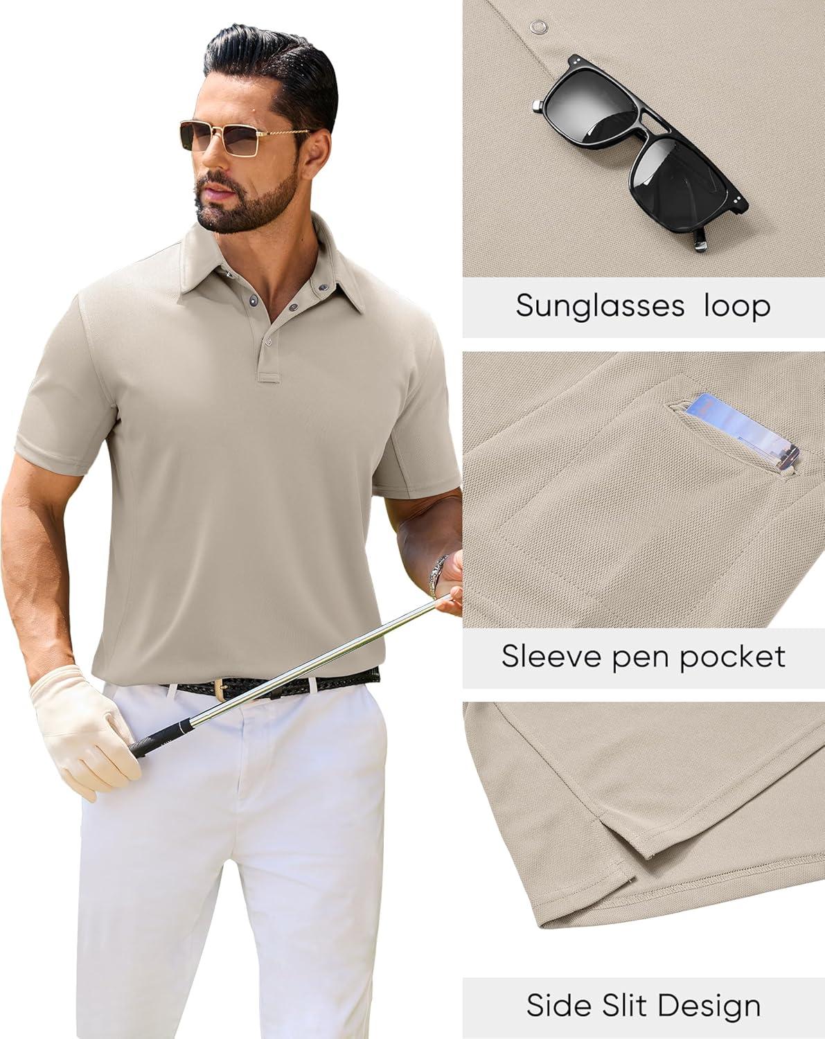 imageAlimens amp Gentle Mens Polo Shirt Short Sleeve Tactical Dry Fit Golf Shirts Stretch Work Collared Tops Outdoor Sport TennisTan