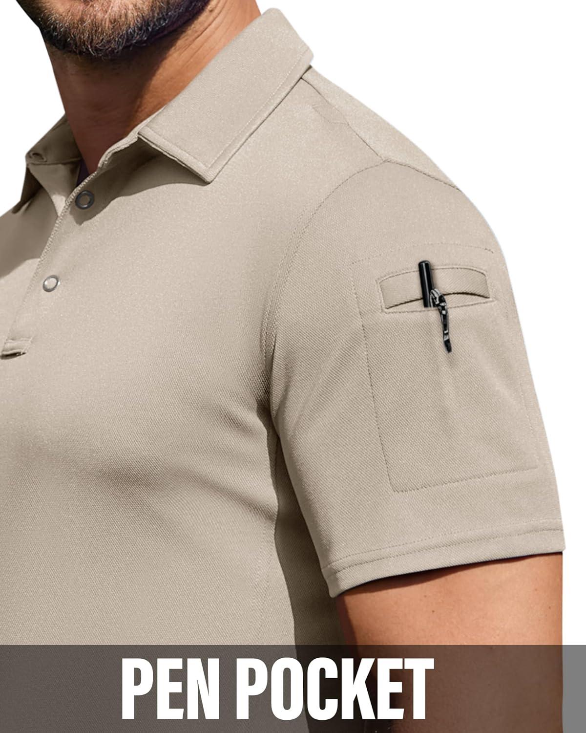 imageAlimens amp Gentle Mens Polo Shirt Short Sleeve Tactical Dry Fit Golf Shirts Stretch Work Collared Tops Outdoor Sport TennisTan