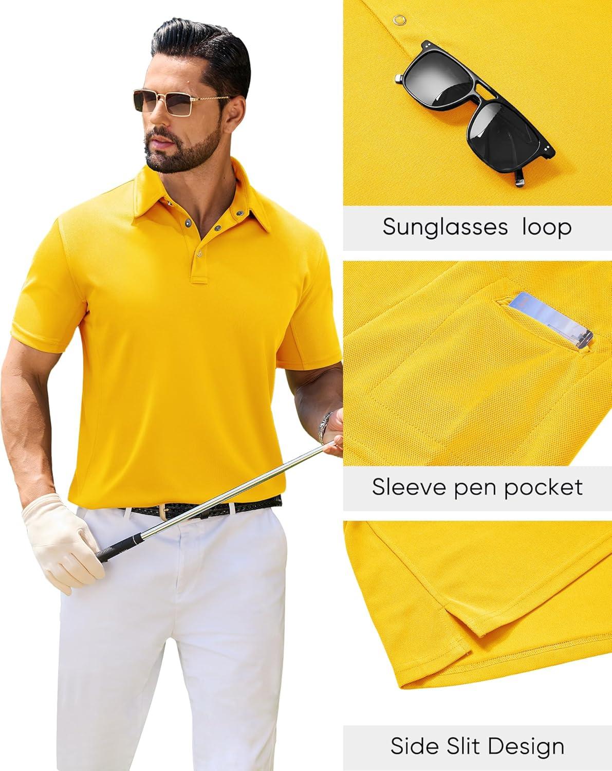 imageAlimens amp Gentle Mens Polo Shirt Short Sleeve Tactical Dry Fit Golf Shirts Stretch Work Collared Tops Outdoor Sport TennisYellow