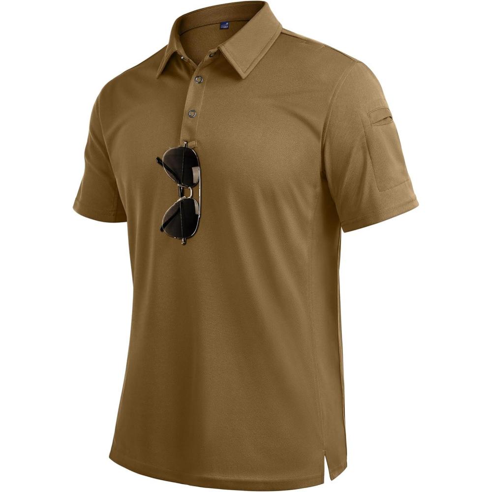 imageAlimens amp Gentle Mens Polo Shirt Short Sleeve Tactical Dry Fit Golf Shirts Stretch Work Collared Tops Outdoor Sport TennisBrown