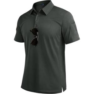 Alimens & Gentle Mens Polo Shirt Short Sleeve Tactical Dry Fit Golf Shirts Stretch Work Collared Tops Outdoor Sport Tennis(Dark Grey)