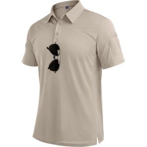 Alimens & Gentle Mens Polo Shirt Short Sleeve Tactical Dry Fit Golf Shirts Stretch Work Collared Tops Outdoor Sport Tennis(Tan)