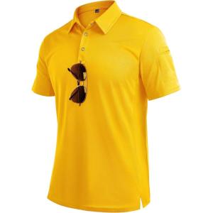 Alimens & Gentle Mens Polo Shirt Short Sleeve Tactical Dry Fit Golf Shirts Stretch Work Collared Tops Outdoor Sport Tennis(Yellow)