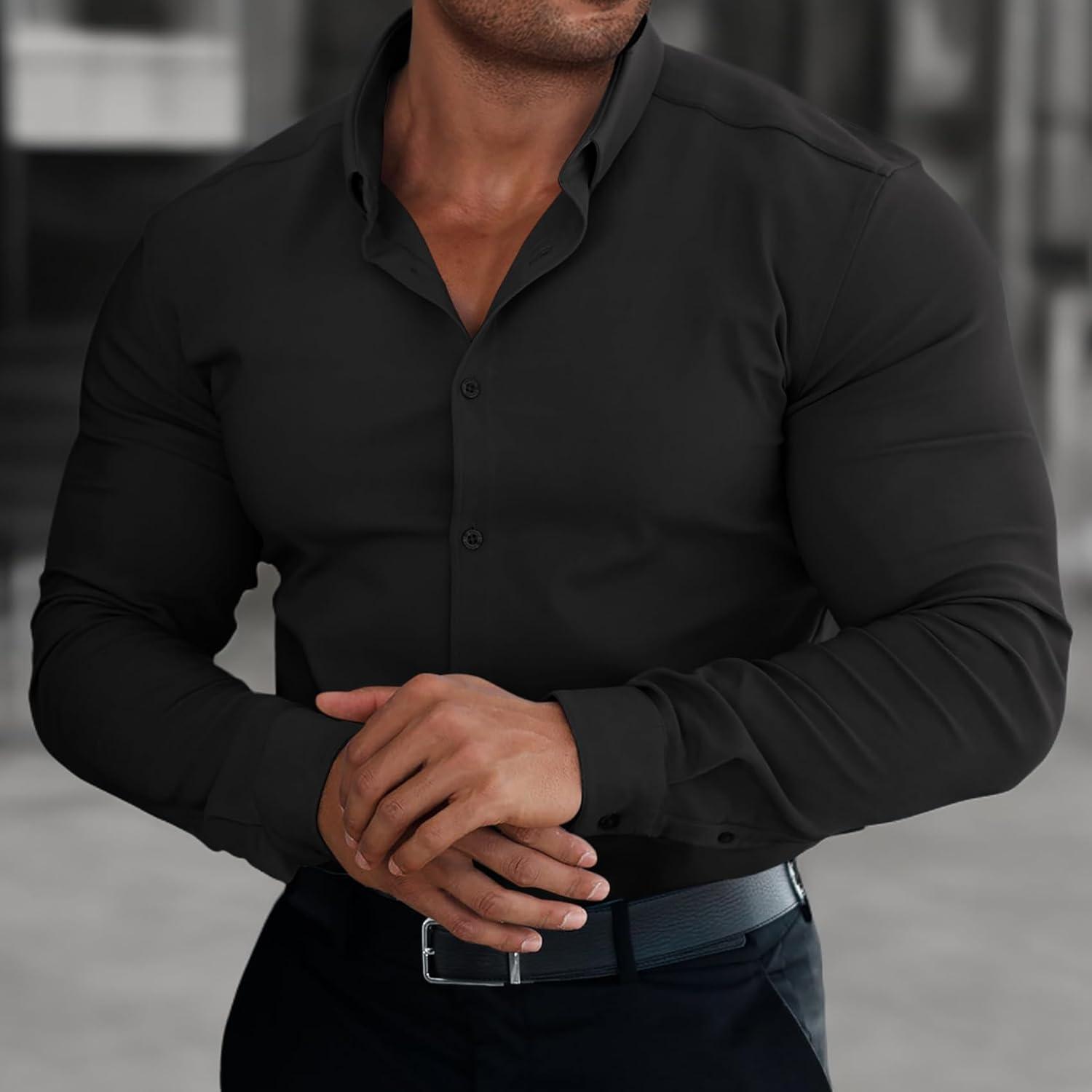 imageAlimens amp Gentle Mens Dress Shirts Long Sleeve WrinkleResistant Solid Stretch Button Down ShirtBlack