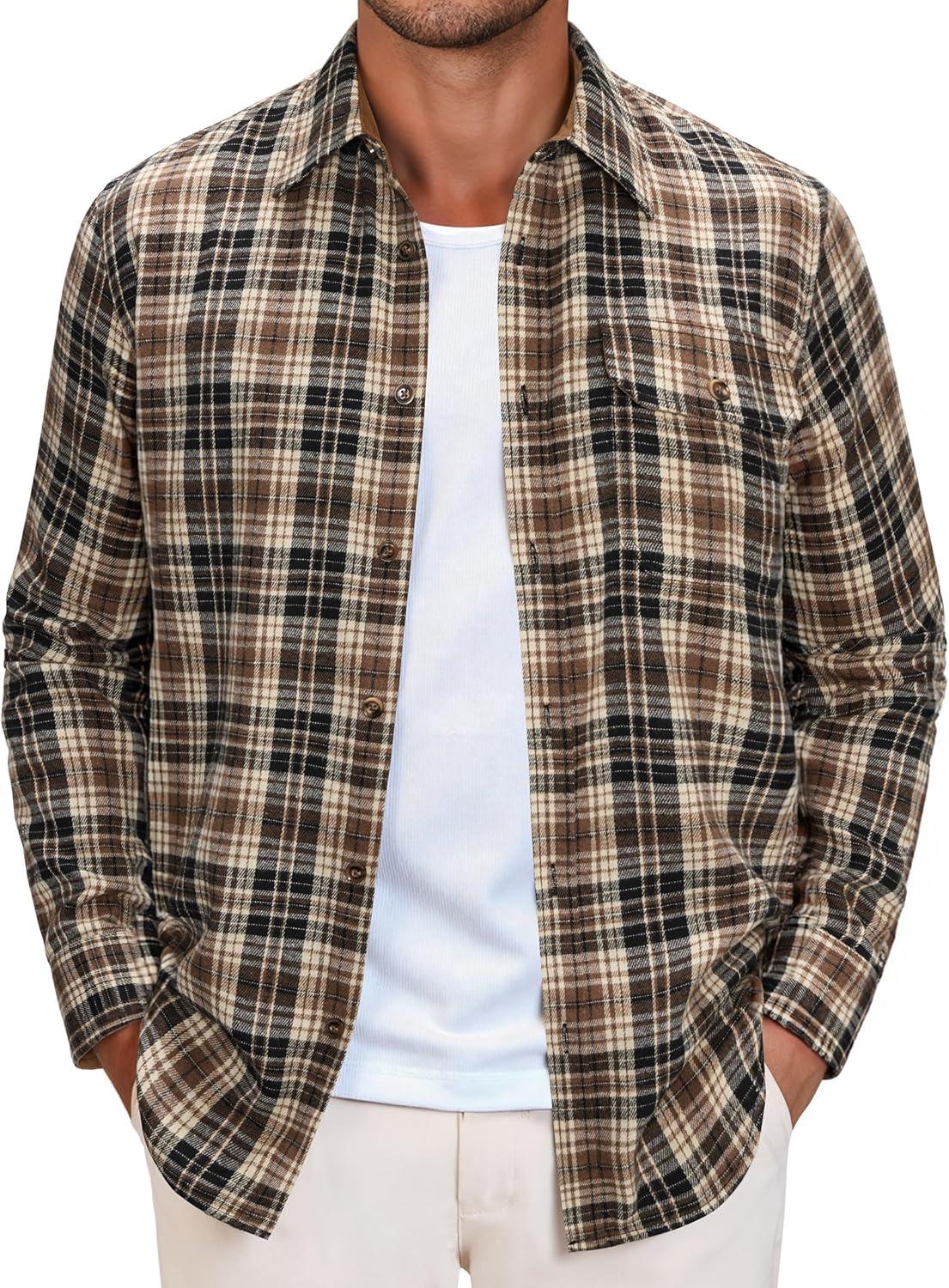 imageAlimens amp Gentle Mens Flannel Long Sleeve Shirt Classic Plaid Button Down Shirts Soft Warm Winter Tops with Pocket Work CampKhaki Black Plaid