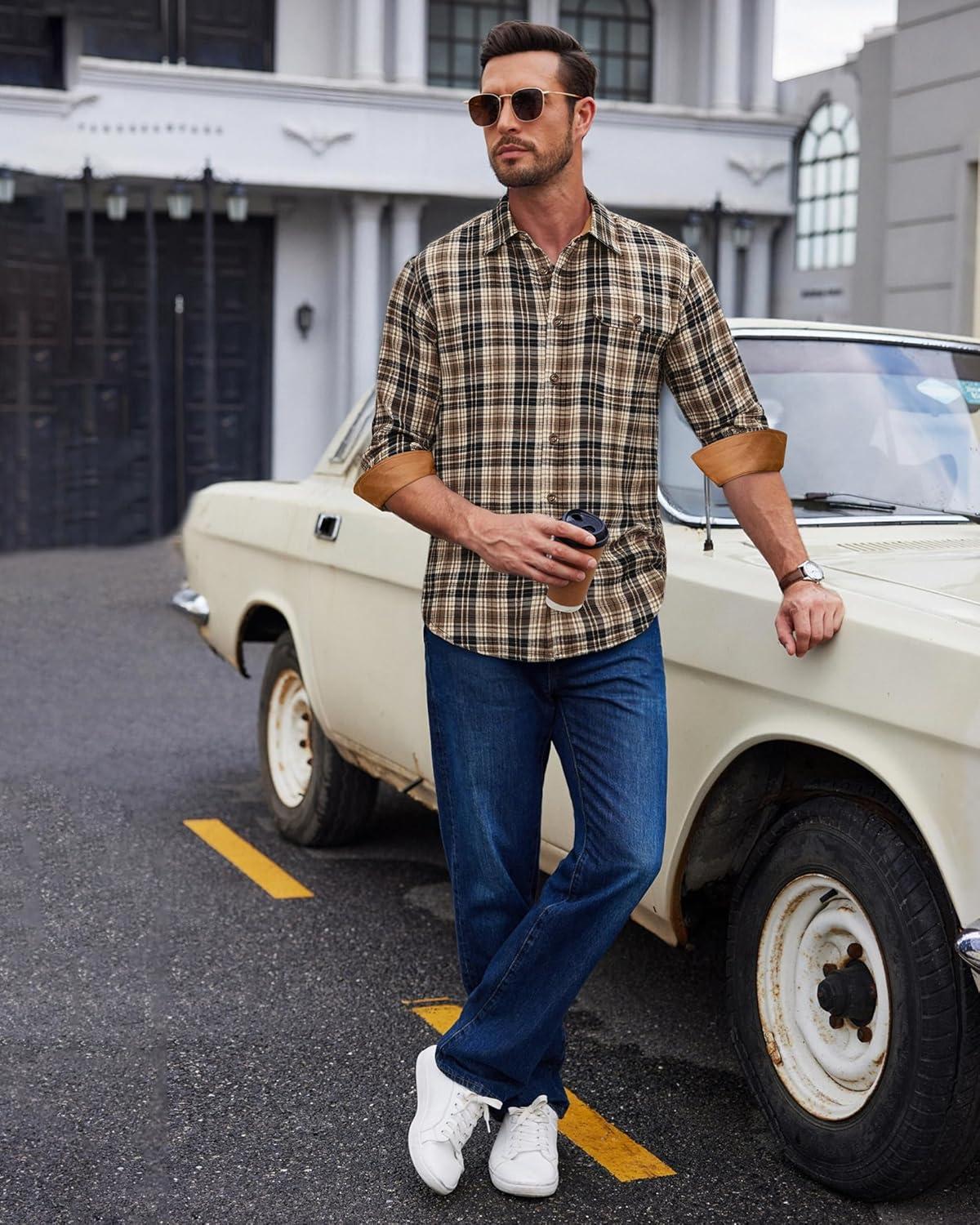 imageAlimens amp Gentle Mens Flannel Long Sleeve Shirt Classic Plaid Button Down Shirts Soft Warm Winter Tops with Pocket Work CampKhaki Black Plaid