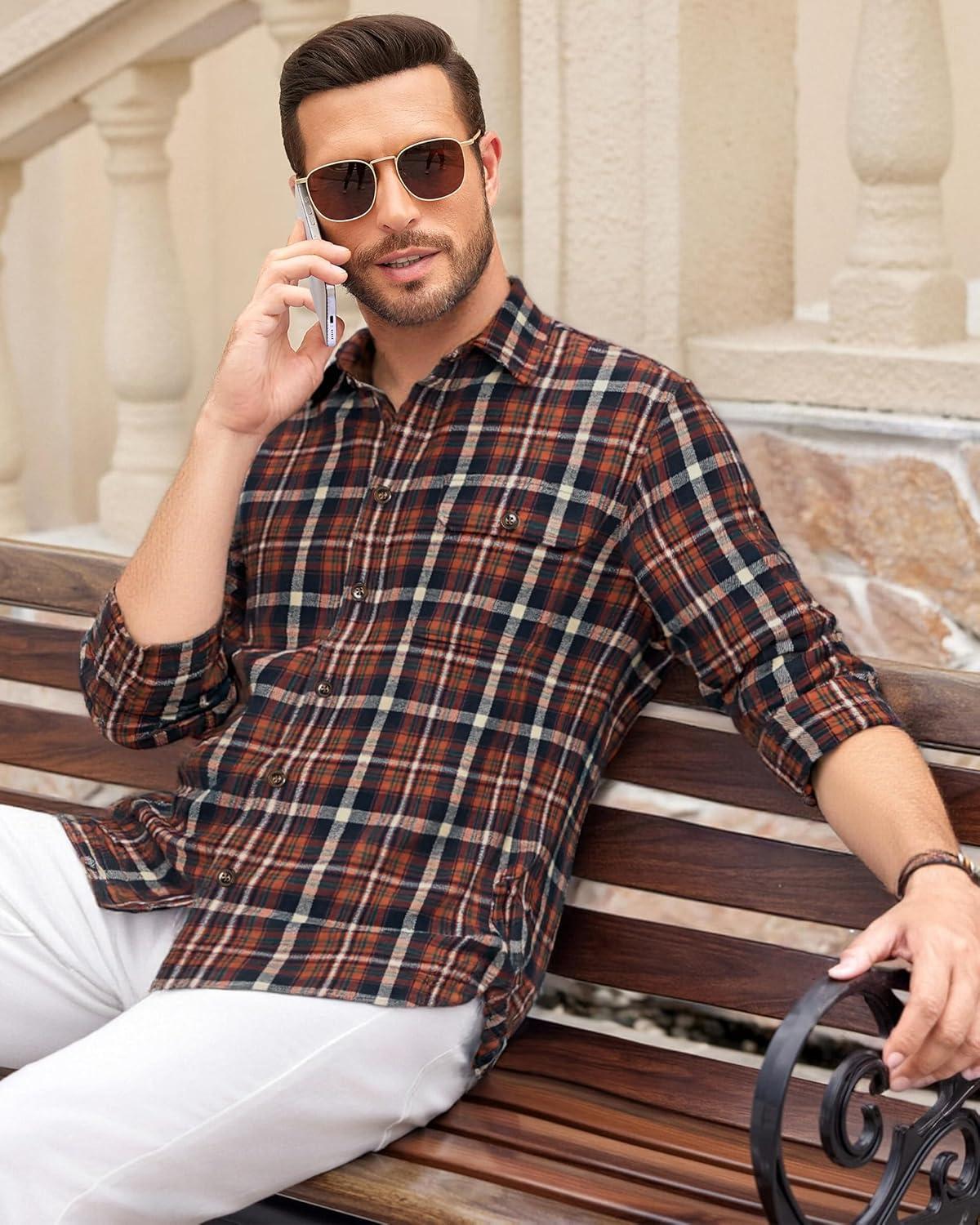 imageAlimens amp Gentle Mens Flannel Long Sleeve Shirt Classic Plaid Button Down Shirts Soft Warm Winter Tops with Pocket Work CampOrange Navy Plaid