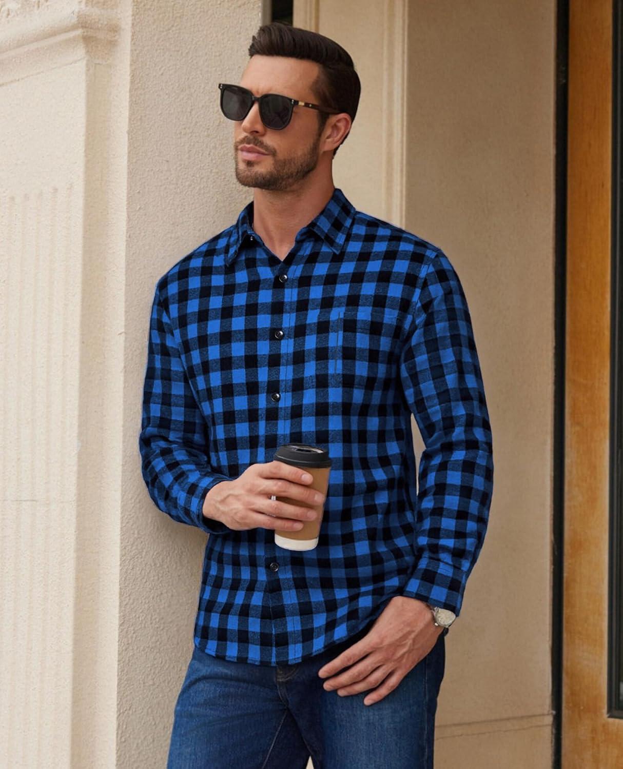 imageAlimens amp Gentle Mens Flannel Shirt Long Sleeve Plaid Button Down Shirts Casual Work Soft Tops Family Gathering with PocketBlue Black Plaid