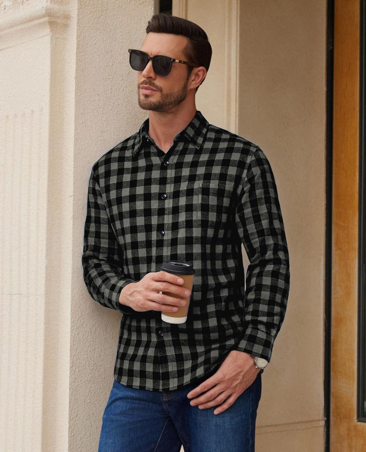 imageAlimens amp Gentle Mens Flannel Shirt Long Sleeve Plaid Button Down Shirts Casual Work Soft Tops Family Gathering with PocketGrey Black Plaid