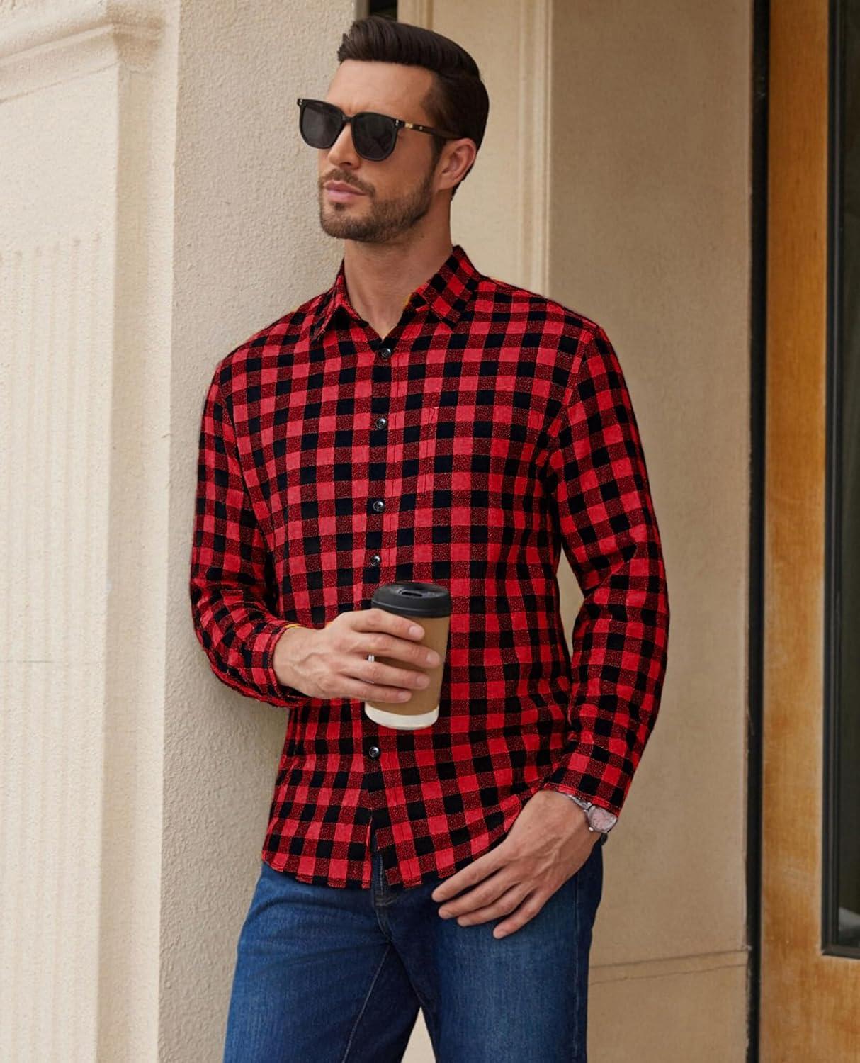 imageAlimens amp Gentle Mens Flannel Shirt Long Sleeve Plaid Button Down Shirts Casual Work Soft Tops Family Gathering with PocketRed Black Plaid
