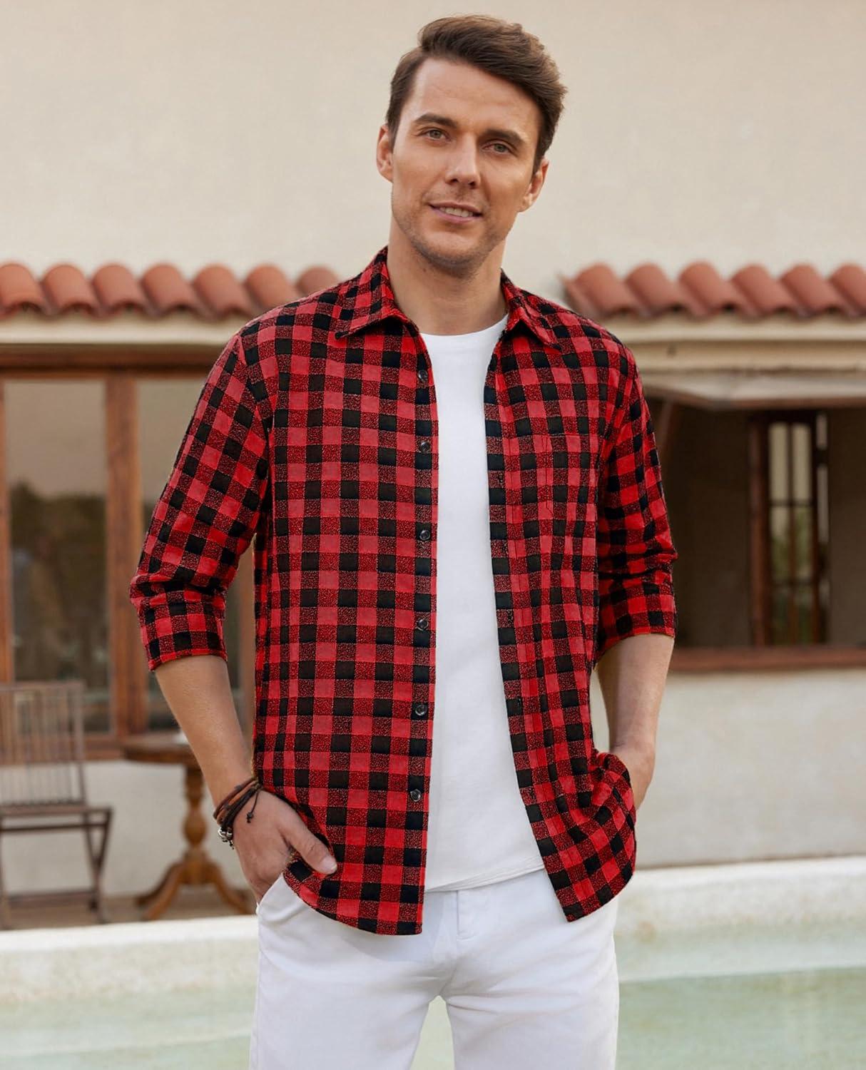 imageAlimens amp Gentle Mens Flannel Shirt Long Sleeve Plaid Button Down Shirts Casual Work Soft Tops Family Gathering with PocketRed Black Plaid