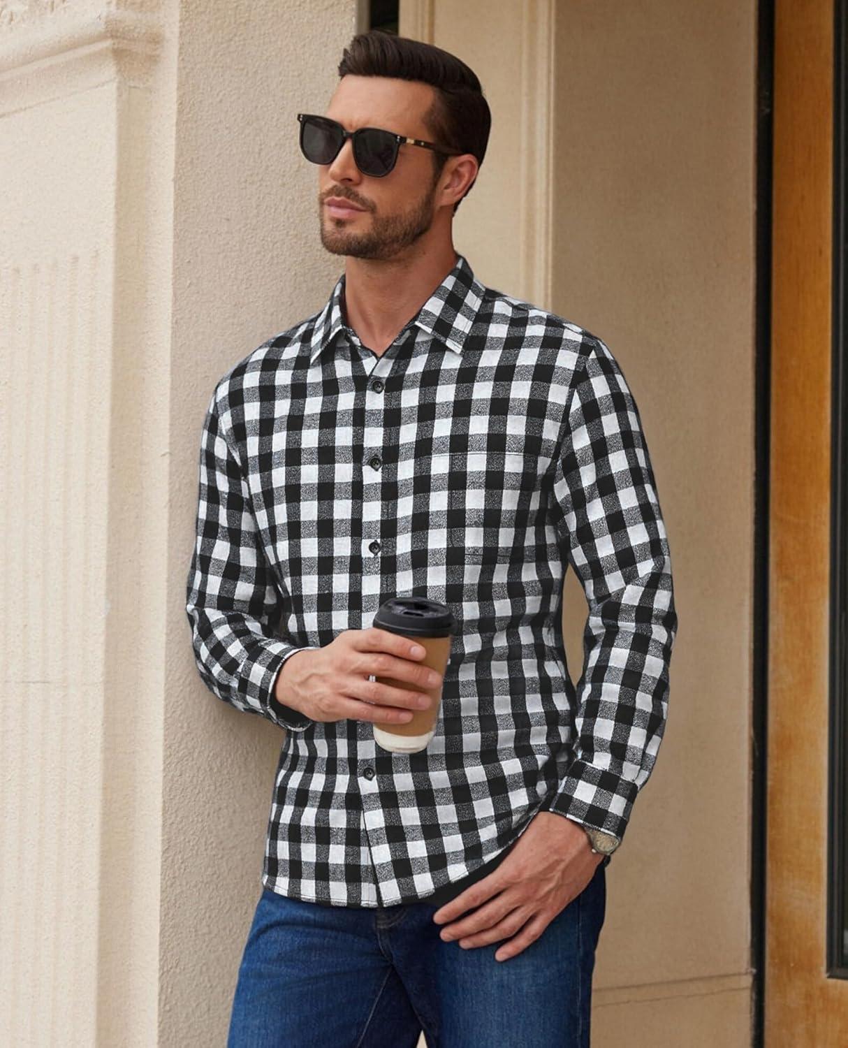 imageAlimens amp Gentle Mens Flannel Shirt Long Sleeve Plaid Button Down Shirts Casual Work Soft Tops Family Gathering with PocketWhite Black Plaid