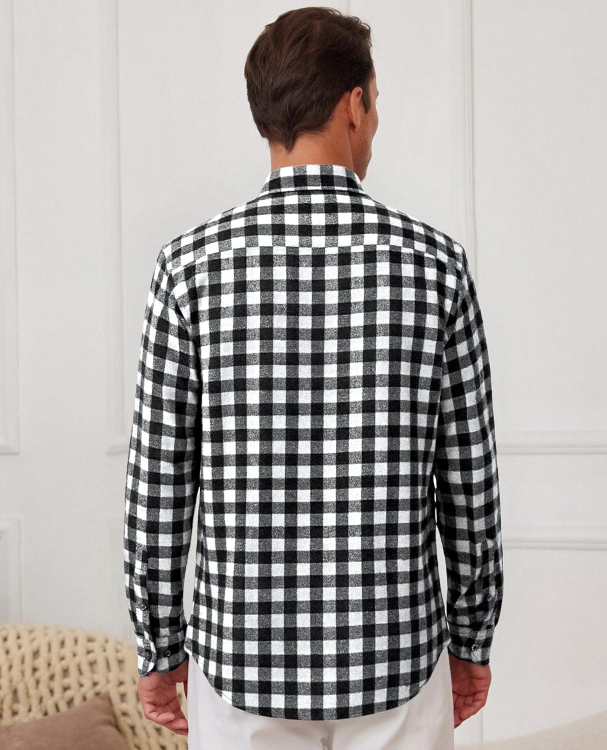 imageAlimens amp Gentle Mens Flannel Shirt Long Sleeve Plaid Button Down Shirts Casual Work Soft Tops Family Gathering with PocketWhite Black Plaid