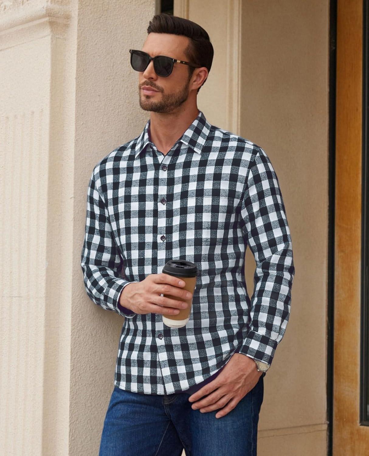 imageAlimens amp Gentle Mens Flannel Shirt Long Sleeve Plaid Button Down Shirts Casual Work Soft Tops Family Gathering with PocketWhite Navy Plaid