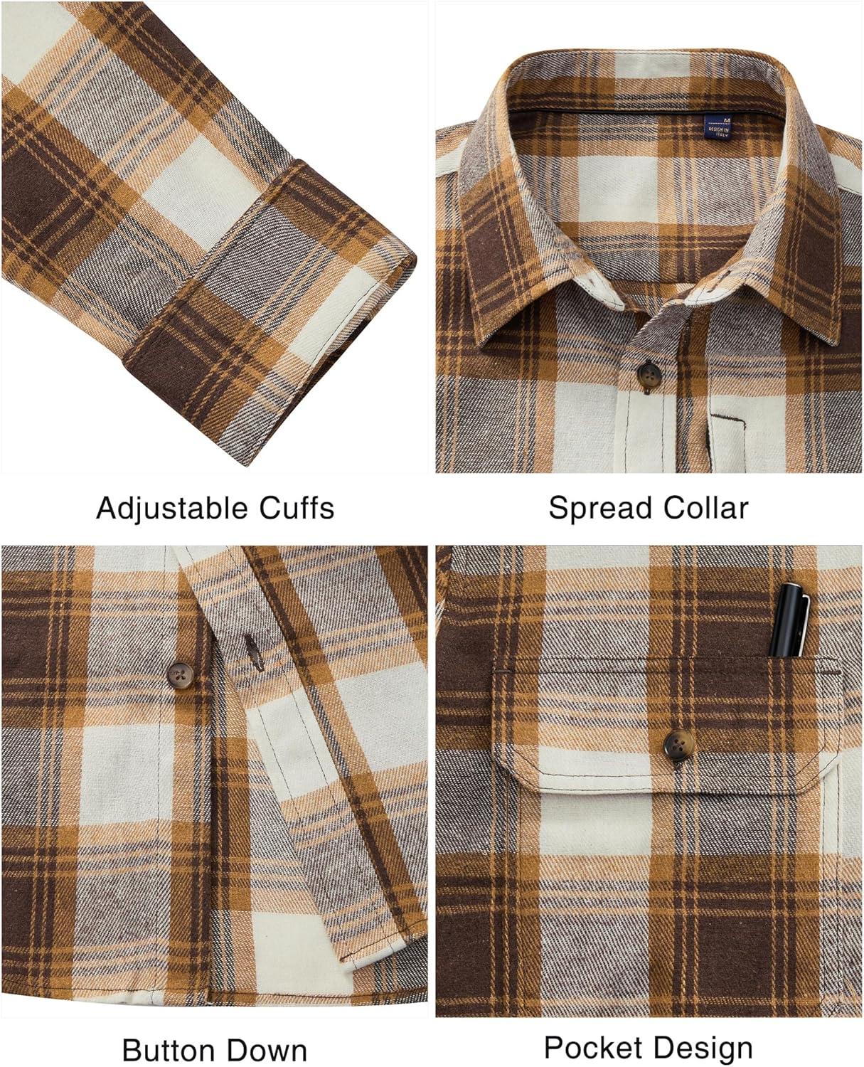 imageAlimens amp Gentle Mens Flannel Shirt Long Sleeve Plaid Button Down Shirts Jacket Casual Work Outdoor Camp with PocketsBrown White Plaid