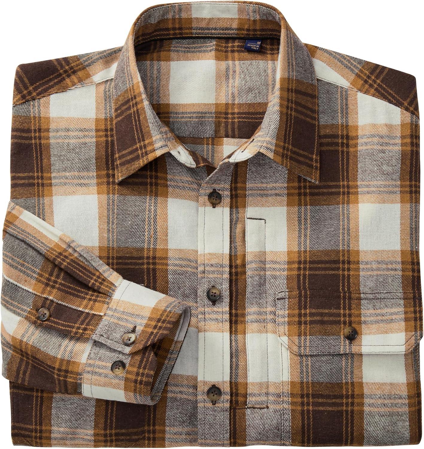 imageAlimens amp Gentle Mens Flannel Shirt Long Sleeve Plaid Button Down Shirts Jacket Casual Work Outdoor Camp with PocketsBrown White Plaid