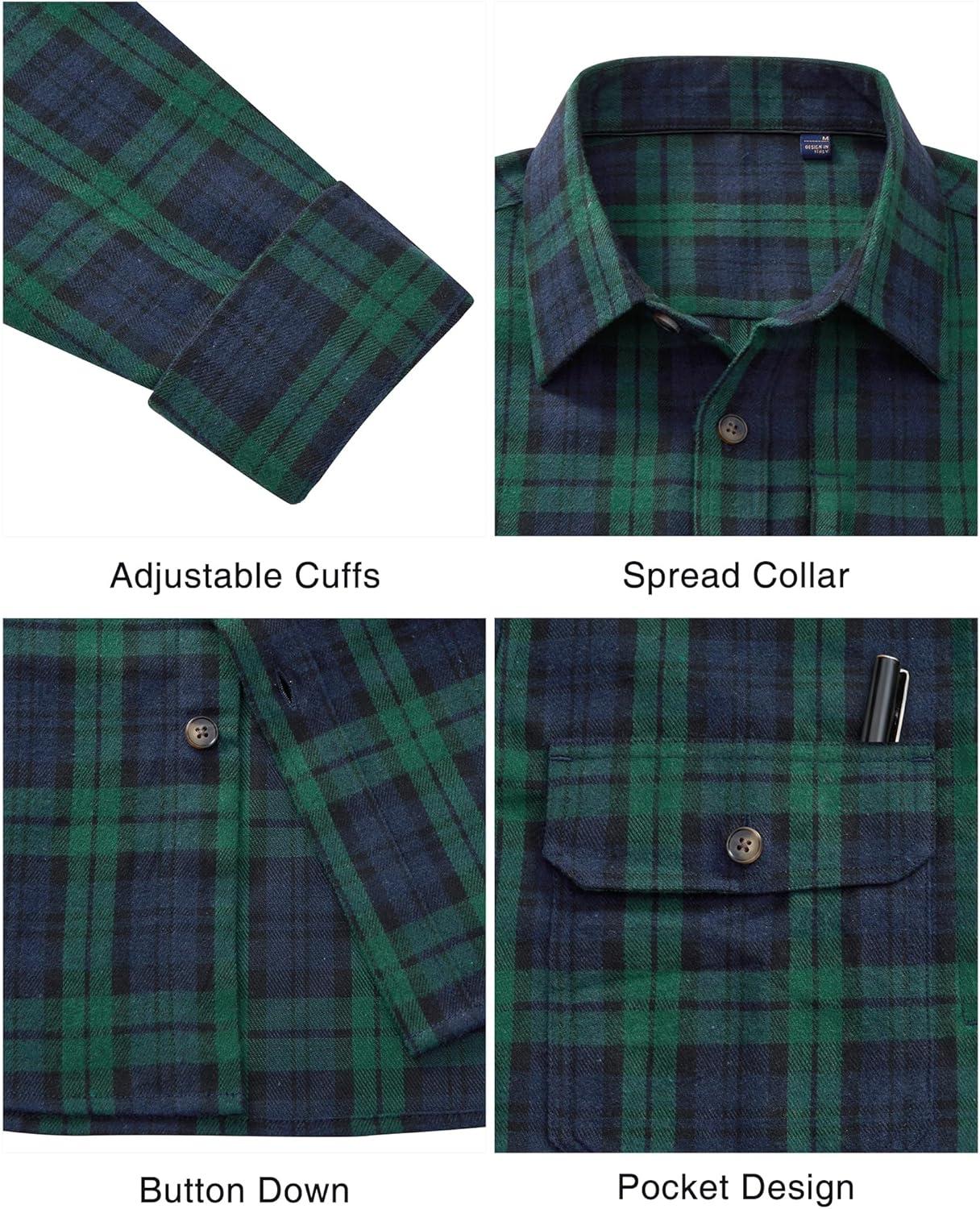 imageAlimens amp Gentle Mens Flannel Shirt Long Sleeve Plaid Button Down Shirts Jacket Casual Work Outdoor Camp with PocketsGreen Black Plaid
