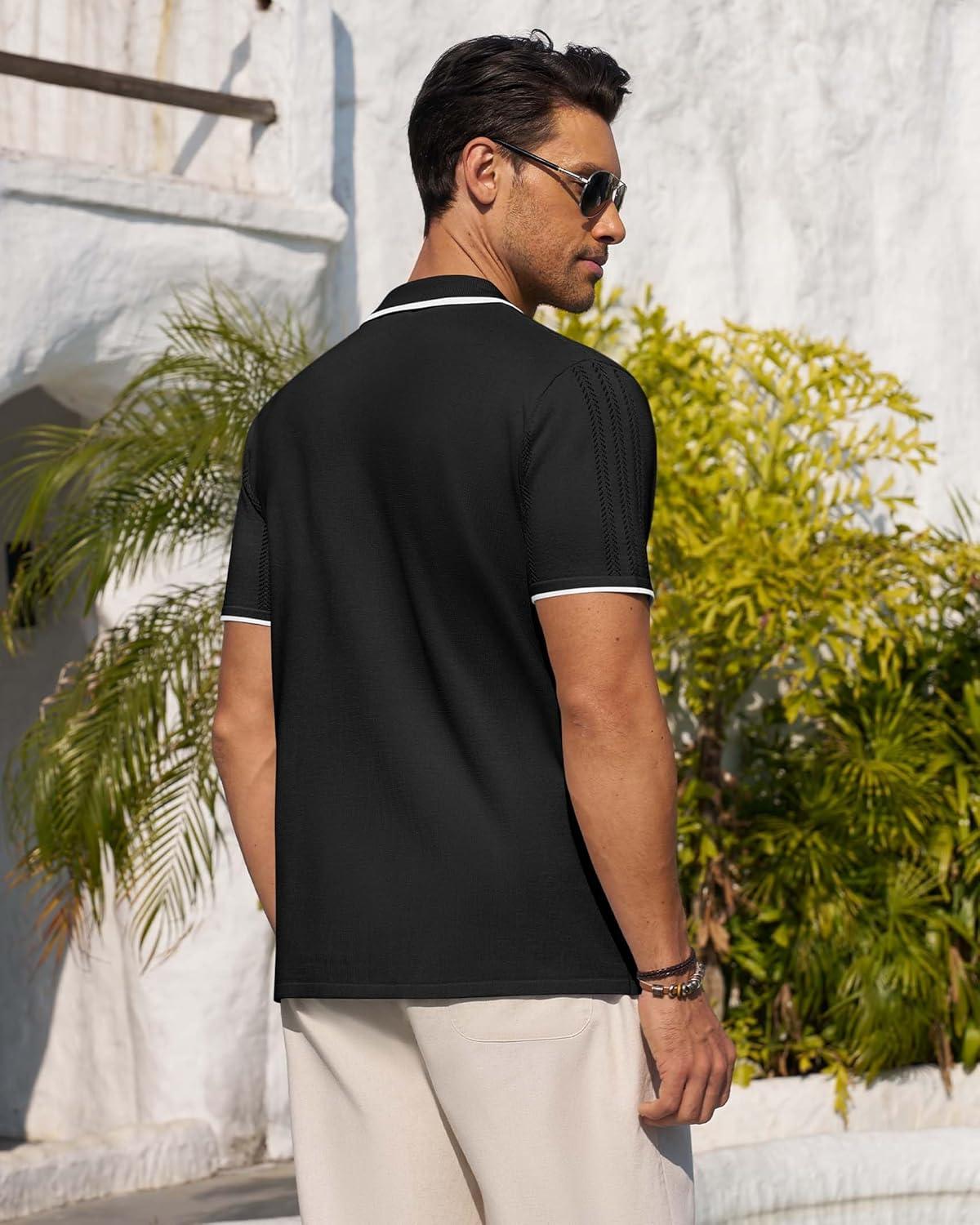imageAlimens amp Gentle Mens Knit Shirt Short Sleeve Button Down Shirt Textured Casual Summer Beach Polo ShirtsBlack