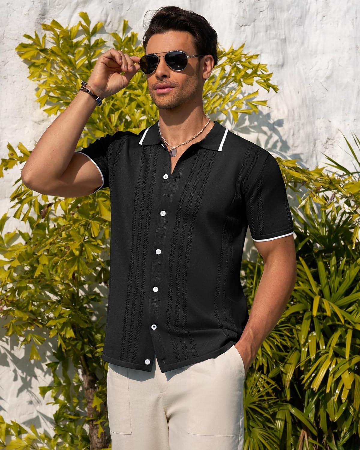 imageAlimens amp Gentle Mens Knit Shirt Short Sleeve Button Down Shirt Textured Casual Summer Beach Polo ShirtsBlack