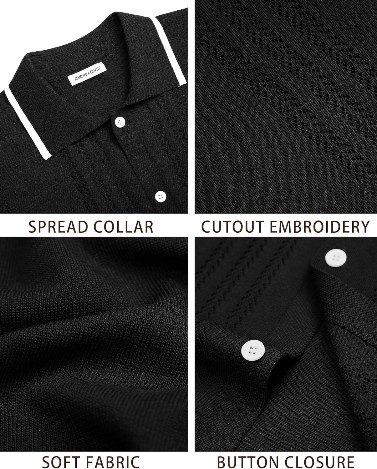 imageAlimens amp Gentle Mens Knit Shirt Short Sleeve Button Down Shirt Textured Casual Summer Beach Polo ShirtsBlack