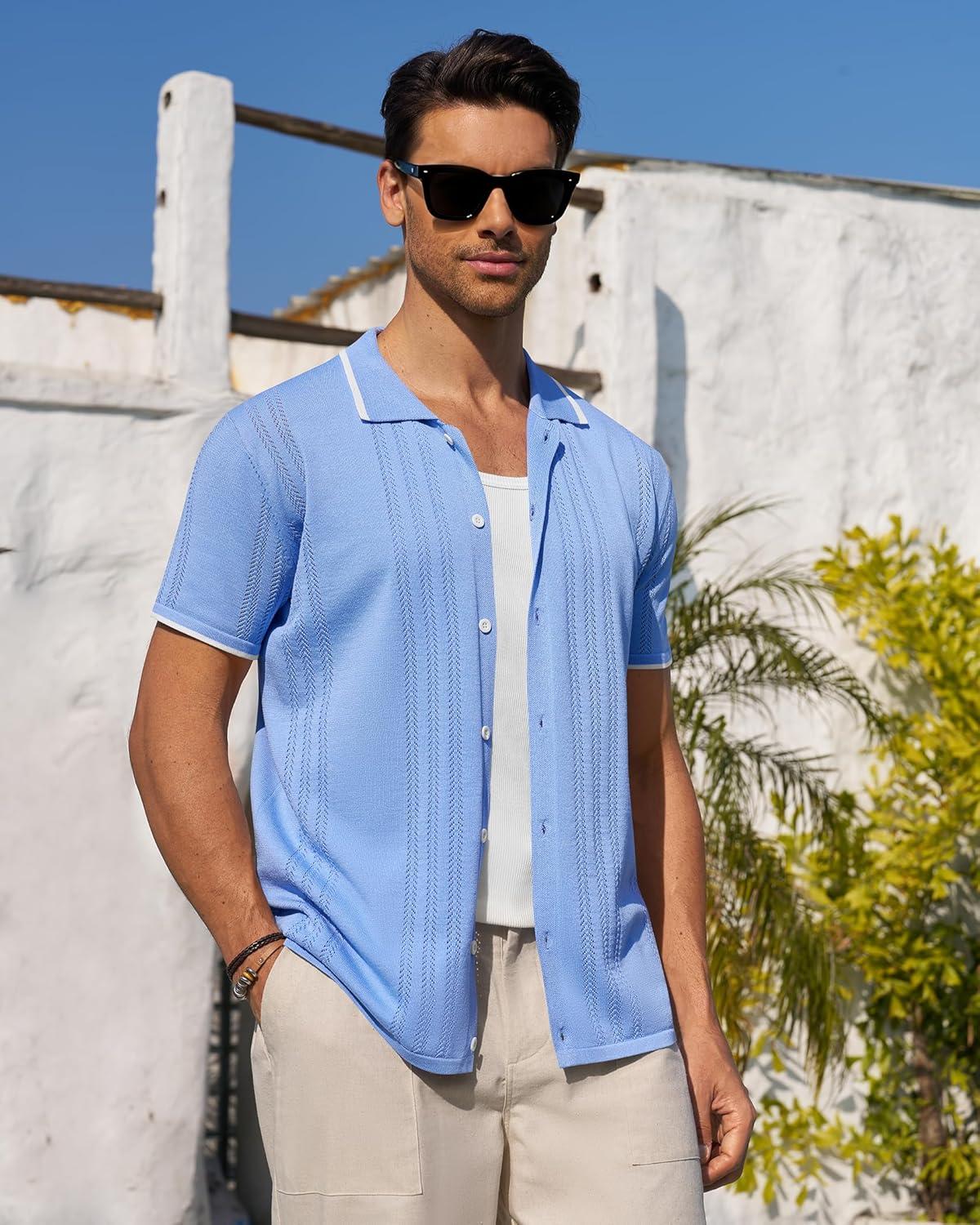 imageAlimens amp Gentle Mens Knit Shirt Short Sleeve Button Down Shirt Textured Casual Summer Beach Polo ShirtsBlue