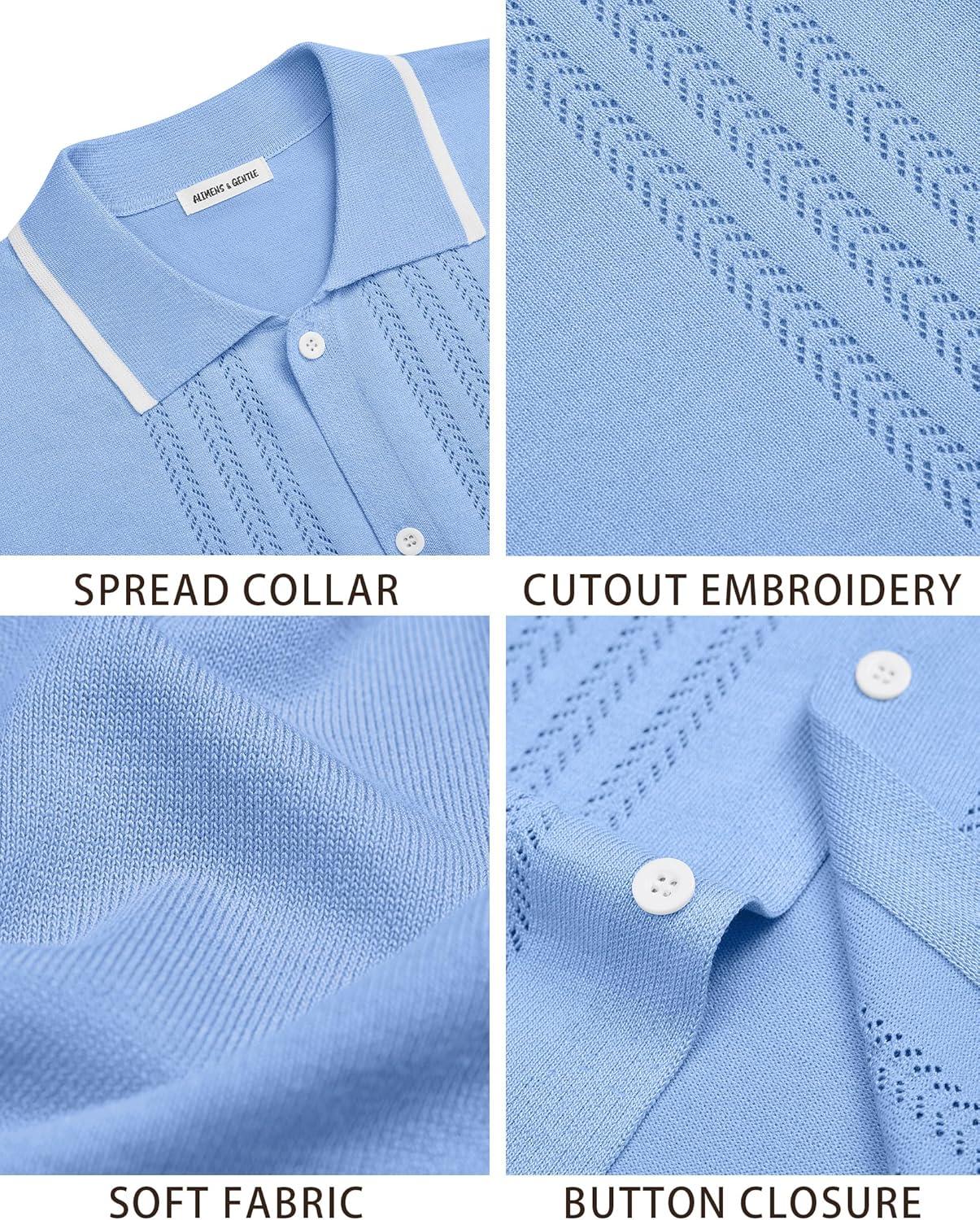 imageAlimens amp Gentle Mens Knit Shirt Short Sleeve Button Down Shirt Textured Casual Summer Beach Polo ShirtsBlue